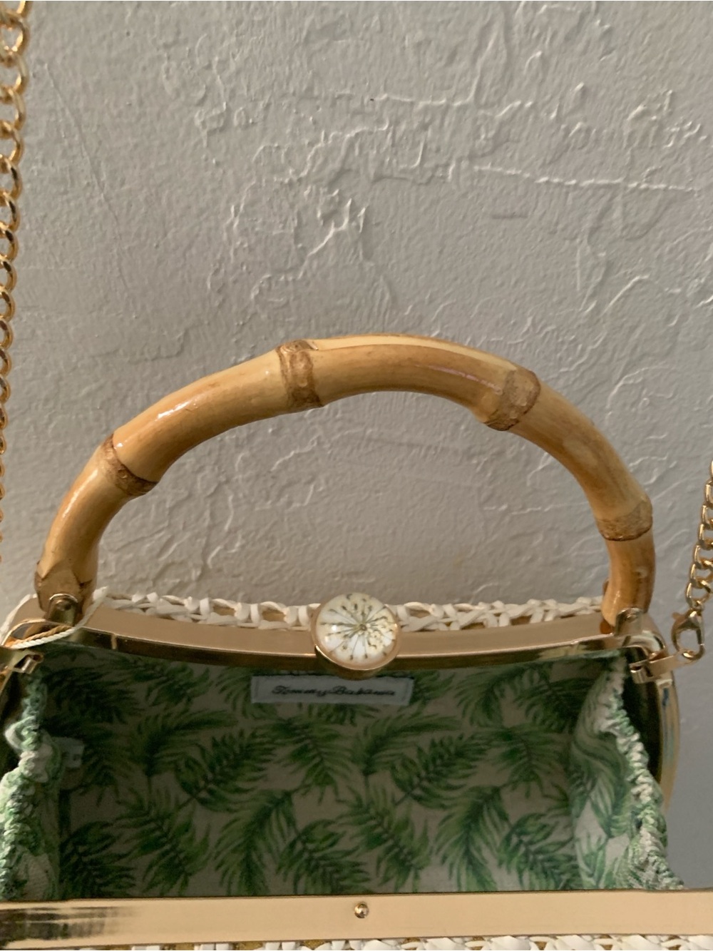 Tommy Bahama GoldCream Woven Clutch Bamboo Handle Gold Chain Strap Kiss Lock NWT - Picture 9 of 10